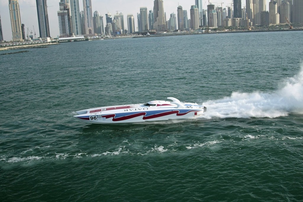 Qatar 96, Steve Curtis and Sheikh Hassan bin Jabor Al-Thani aboard, racing in Florida.  © Nigel Quilter http://www.class-1.com/